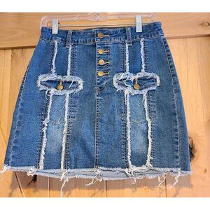 Litz By UNIQ Size L Denim Mini Skirt Distressed Frayed Jean Button Fly 28x16"